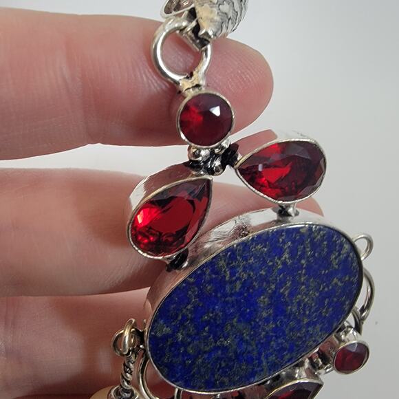 Handmade Sterling Silver Pendant with Lapis Lazuli Garnet Accents and Pearl Drop - Picture 9 of 10
